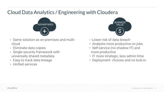 © Cloudera, Inc. All rights reserved. 31© Cloudera, Inc. All rights reserved.
Cloud Data Analytics / Engineering with Cloudera
$
• Lower risk of data breach
• Analysts more productive on jobs
• Self-service (no shadow IT) and
more productive
• IT more strategic, less admin time
• Deployment choices and no lock-in
• Same solution as on-premises and multi-
cloud
• Eliminate data copies
• Single security framework with
universally shared metadata
• Easy to track data lineage
• Unified services
+
ADVANTAGES
BUSINESS
VALUE
• Lower risk of data breach
• Analysts more productive on jobs
• Self-service (no shadow IT) and
more productive
• IT more strategic, less admin time
• Deployment choices and no lock-in
 