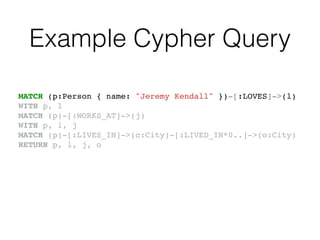 Example Cypher Query
MATCH (p:Person { name: "Jeremy Kendall" })-[:LOVES]->(l)!
WITH p, l!
MATCH (p)-[:WORKS_AT]->(j)!
WITH p, l, j!
MATCH (p)-[:LIVES_IN]->(c:City)-[:LIVED_IN*0..]->(o:City)!
RETURN p, l, j, o
 