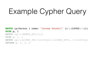 Example Cypher Query
MATCH (p:Person { name: "Jeremy Kendall" })-[:LOVES]->(l)!
WITH p, l!
MATCH (p)-[:WORKS_AT]->(j)!
WITH p, l, j!
MATCH (p)-[:LIVES_IN]->(c:City)-[:LIVED_IN*0..]->(o:City)!
RETURN p, l, j, o
 