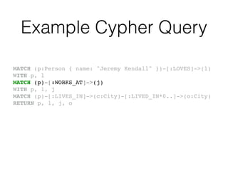 Example Cypher Query
MATCH (p:Person { name: "Jeremy Kendall" })-[:LOVES]->(l)!
WITH p, l!
MATCH (p)-[:WORKS_AT]->(j)!
WITH p, l, j!
MATCH (p)-[:LIVES_IN]->(c:City)-[:LIVED_IN*0..]->(o:City)!
RETURN p, l, j, o
 