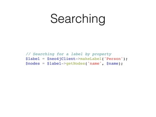 Searching
// Searching for a label by property!
$label = $neo4jClient->makeLabel('Person');!
$nodes = $label->getNodes('name', $name);
 