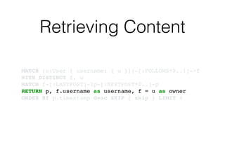 Retrieving Content
MATCH (u:User { username: { u }})-[:FOLLOWS*0..1]->f!
WITH DISTINCT f, u!
MATCH f-[:LASTPOST]-lp-[:NEXTPOST*0..]-p!
RETURN p, f.username as username, f = u as owner!
ORDER BY p.timestamp desc SKIP { skip } LIMIT 4
 