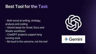 Best Tool for the Task
Best Tool for the Task
Best Tool for the Task
- Both excel at writing, strategy,
analysis and coding
- Gemini leads for Gmail, Docs and
Sheets workflows
- ChatGPT projects support long
running work
- Be loyal to the outcome, not the tool
 