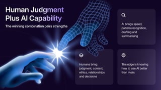 Human Judgment
Plus AI Capability
Human Judgment
Plus AI Capability
Human Judgment
Plus AI Capability
The edge is knowing
how to use AI better
than rivals
AI brings speed,
pattern recognition,
drafting and
summarising
Humans bring
judgment, context,
ethics, relationships
and decisions
The winning combination pairs strengths
 
