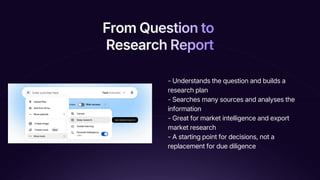 From Question to
Research Report
From Question to
From Question to
Research Report
Research Report
- Understands the question and builds a
research plan
- Searches many sources and analyses the
information
- Great for market intelligence and export
market research
- A starting point for decisions, not a
replacement for due diligence
 