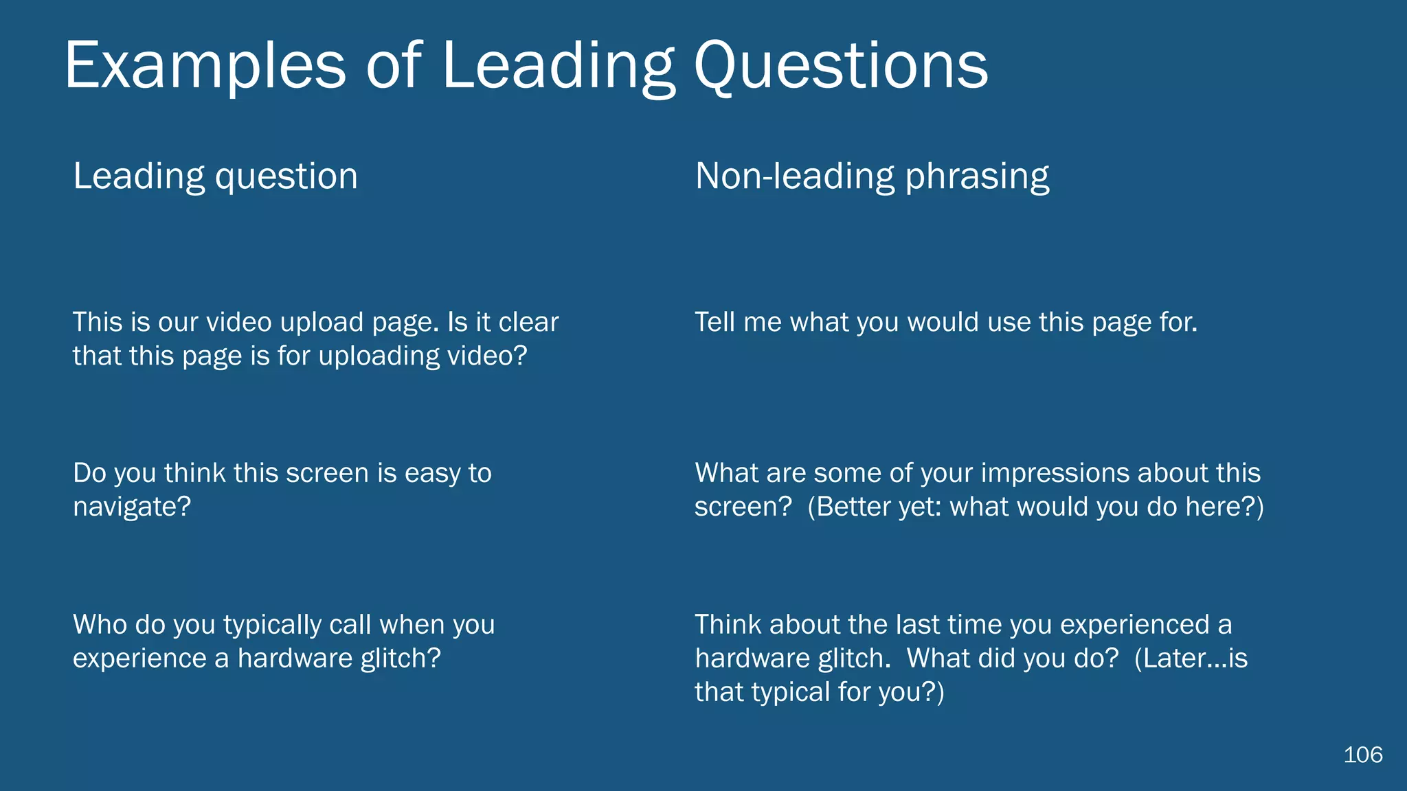 Examples of Leading Questions
Leading question Non-leading phrasing
This is our video upload page. Is it clear
that this page is for uploading video?
Tell me what you would use this page for.
Do you think this screen is easy to
navigate?
What are some of your impressions about this
screen? (Better yet: what would you do here?)
Who do you typically call when you
experience a hardware glitch?
Think about the last time you experienced a
hardware glitch. What did you do? (Later…is
that typical for you?)
106
 