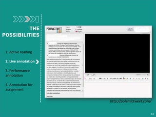 THE
POSSIBILITIES
1. Active reading
2. Live annotation
3. Performance
annotation
4. Annotation for
assignment
11
http://po...