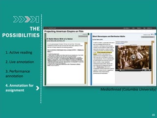 THE
POSSIBILITIES
1. Active reading
2. Live annotation
3. Performance
annotation
4. Annotation for
assignment
15
Mediathre...