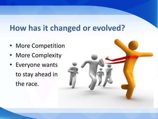 How has it changed or evolved?
• More Competition
• More Complexity
• Everyone wants
  to stay ahead in
  the race.
 