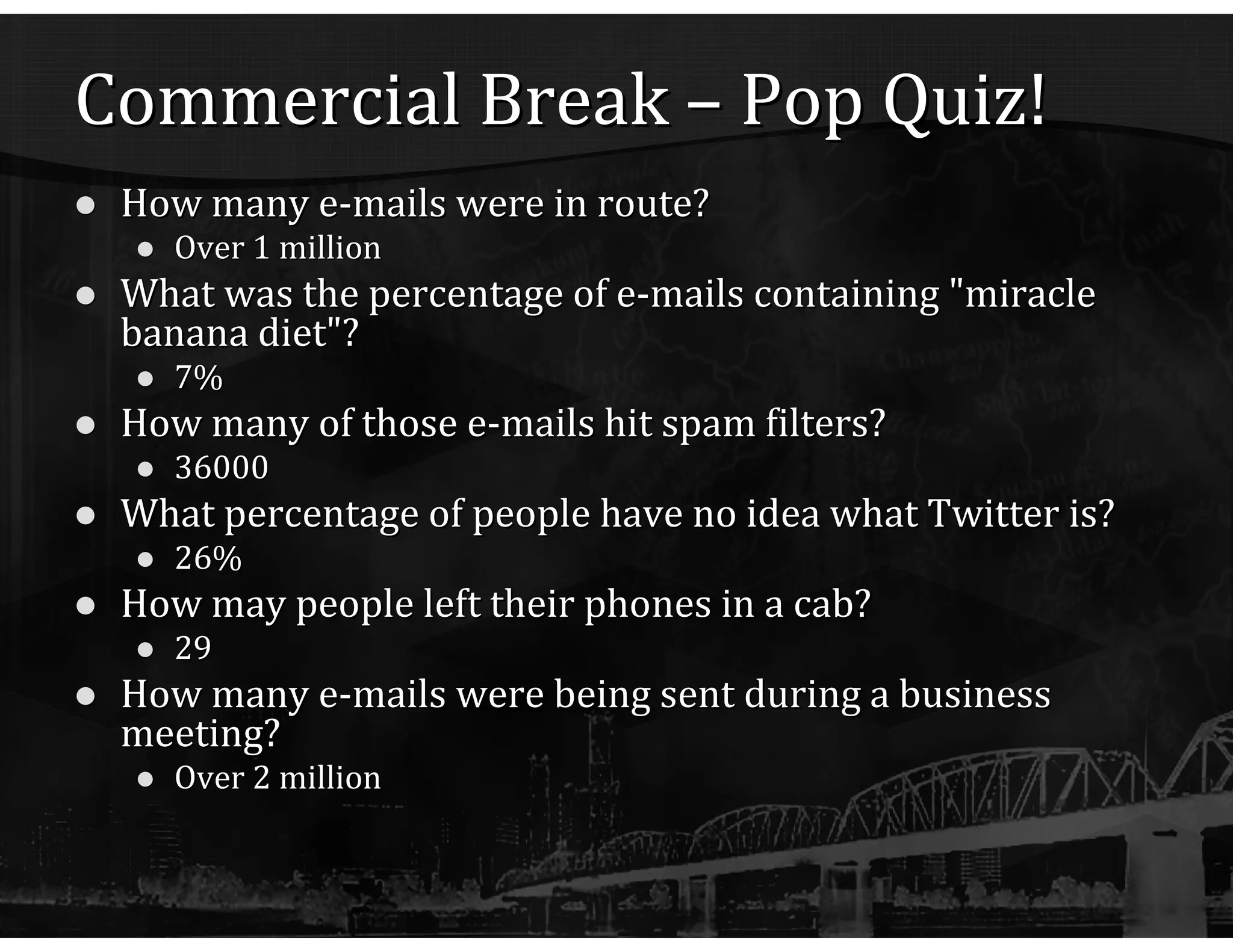 Commercial Break – Pop Quiz! How many e-mails were in route? Over 1 million What was the percentage of e-mails containing "miracle banana diet"? 7% How many of those e-mails hit spam filters? 36000 What percentage of people have no idea what Twitter is? 26% How may people left their phones in a cab? 29 How many e-mails were being sent during a business meeting? Over 2 million 