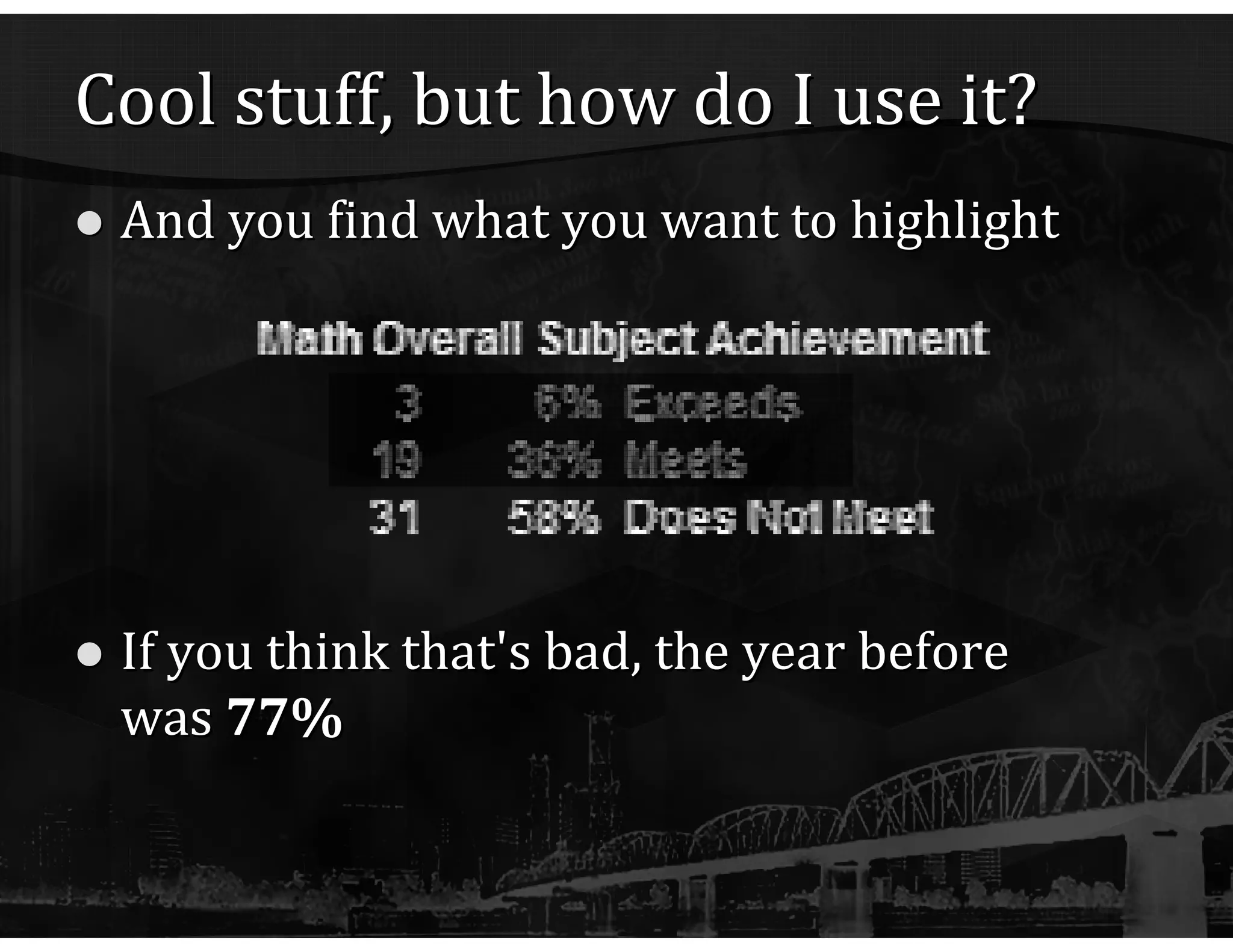 Cool stuff, but how do I use it? And you find what you want to highlight If you think that's bad, the year before was  77% 