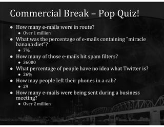 Commercial Break – Pop Quiz! How many e-mails were in route? Over 1 million What was the percentage of e-mails containing "miracle banana diet"? 7% How many of those e-mails hit spam filters? 36000 What percentage of people have no idea what Twitter is? 26% How may people left their phones in a cab? 29 How many e-mails were being sent during a business meeting? Over 2 million 