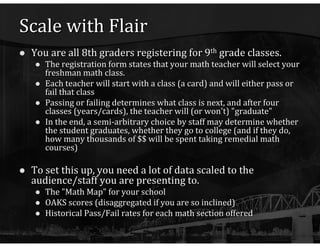 Scale with Flair You are all 8th graders registering for 9 th  grade classes. The registration form states that your math teacher will select your freshman math class. Each teacher will start with a class (a card) and will either pass or fail that class Passing or failing determines what class is next, and after four classes (years/cards), the teacher will (or won't) "graduate" In the end, a semi-arbitrary choice by staff may determine whether the student graduates, whether they go to college (and if they do, how many thousands of $$ will be spent taking remedial math courses) To set this up, you need a lot of data scaled to the audience/staff you are presenting to. The "Math Map" for your school OAKS scores (disaggregated if you are so inclined) Historical Pass/Fail rates for each math section offered 