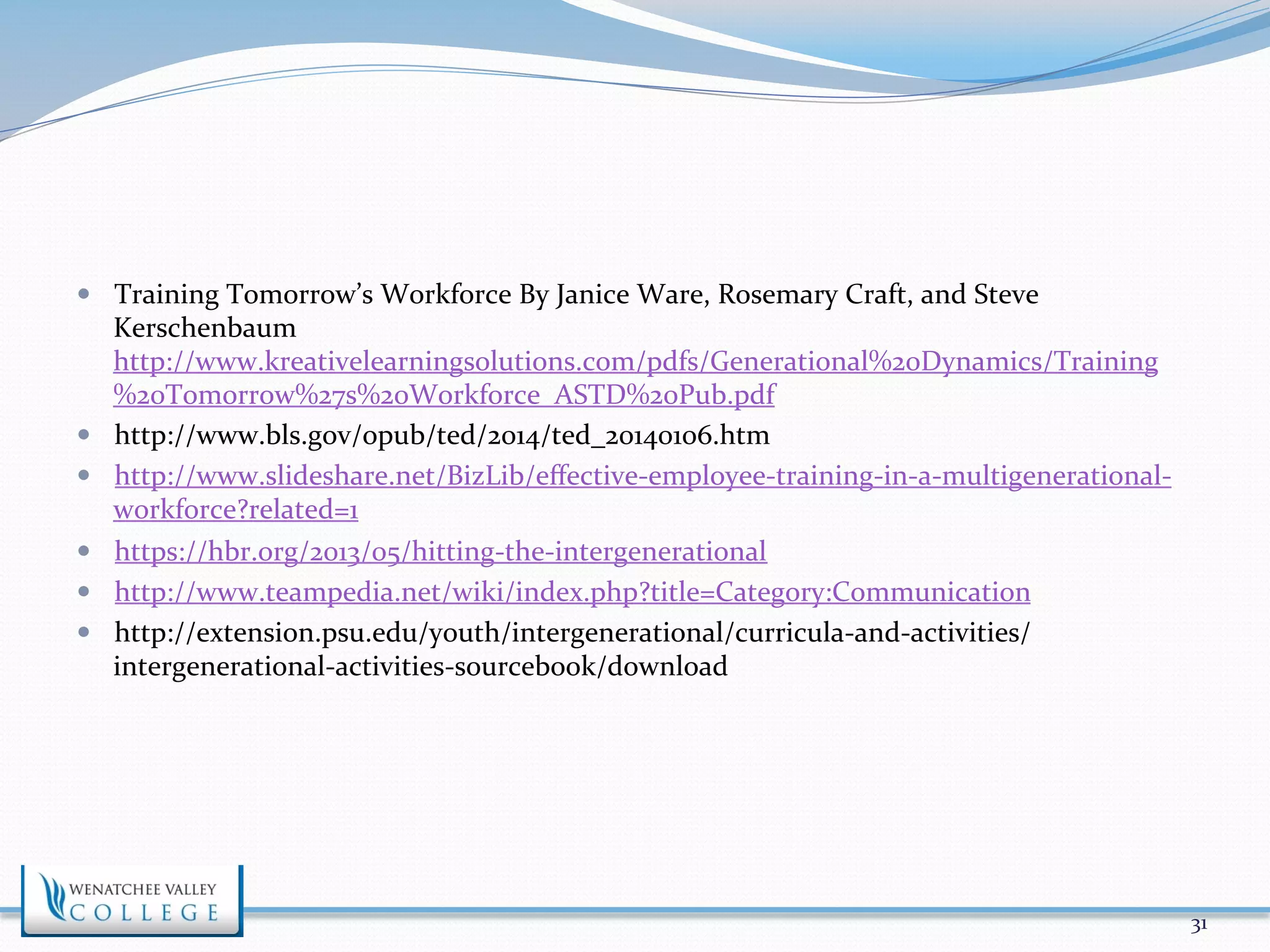— Training 
Tomorrow’s 
Workforce 
By 
Janice 
Ware, 
Rosemary 
Craft, 
and 
Steve 
Kerschenbaum 
http://www.kreativelearningsolutions.com/pdfs/Generational%20Dynamics/Training 
%20Tomorrow%27s%20Workforce_ASTD%20Pub.pdf 
— http://www.bls.gov/opub/ted/2014/ted_20140106.htm 
— http://www.slideshare.net/BizLib/effective-­‐employee-­‐training-­‐in-­‐a-­‐multigenerational-­‐ 
workforce?related=1 
— https://hbr.org/2013/05/hitting-­‐the-­‐intergenerational 
— http://www.teampedia.net/wiki/index.php?title=Category:Communication 
— http://extension.psu.edu/youth/intergenerational/curricula-­‐and-­‐activities/ 
intergenerational-­‐activities-­‐sourcebook/download 
31 
 