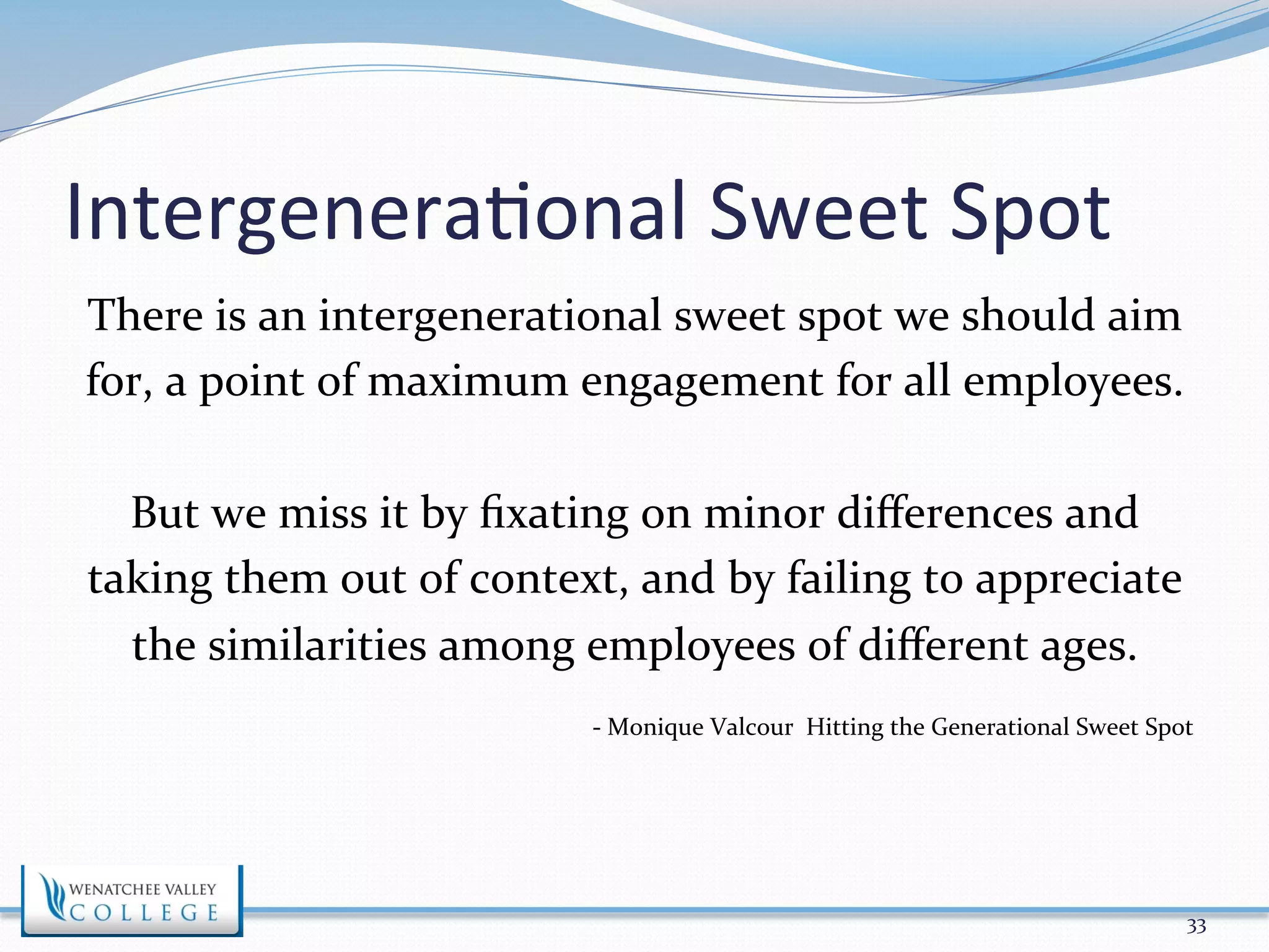 Intergenera>onal 
Sweet 
Spot 
There 
is 
an 
intergenerational 
sweet 
spot 
we 
should 
aim 
for, 
a 
point 
of 
maximum 
engagement 
for 
all 
employees. 
But 
we 
miss 
it 
by 
fixating 
on 
minor 
differences 
and 
taking 
them 
out 
of 
context, 
and 
by 
failing 
to 
appreciate 
the 
similarities 
among 
employees 
of 
different 
ages. 
-­‐ 
Monique 
Valcour 
Hitting 
the 
Generational 
Sweet 
Spot 
33 
 