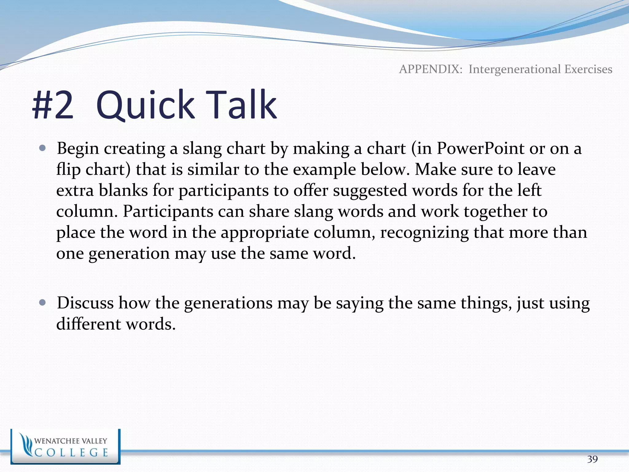APPENDIX: 
Intergenerational 
Exercises 
#2 
Quick 
Talk 
— Begin 
creating 
a 
slang 
chart 
by 
making 
a 
chart 
(in 
PowerPoint 
or 
on 
a 
flip 
chart) 
that 
is 
similar 
to 
the 
example 
below. 
Make 
sure 
to 
leave 
extra 
blanks 
for 
participants 
to 
offer 
suggested 
words 
for 
the 
left 
column. 
Participants 
can 
share 
slang 
words 
and 
work 
together 
to 
place 
the 
word 
in 
the 
appropriate 
column, 
recognizing 
that 
more 
than 
one 
generation 
may 
use 
the 
same 
word. 
— Discuss 
how 
the 
generations 
may 
be 
saying 
the 
same 
things, 
just 
using 
different 
words. 
39 
 