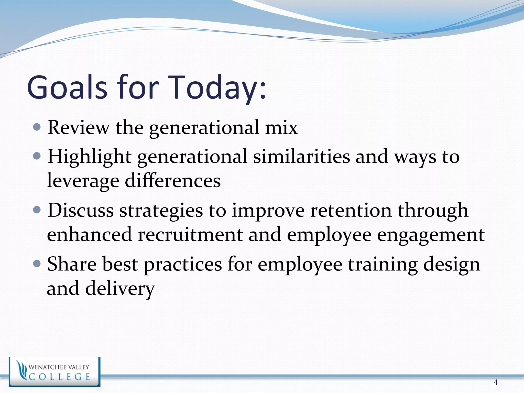 Goals 
for 
Today: 
— Review 
the 
generational 
mix 
— Highlight 
generational 
similarities 
and 
ways 
to 
leverage 
differences 
— Discuss 
strategies 
to 
improve 
retention 
through 
enhanced 
recruitment 
and 
employee 
engagement 
— Share 
best 
practices 
for 
employee 
training 
design 
and 
delivery 
4 
 