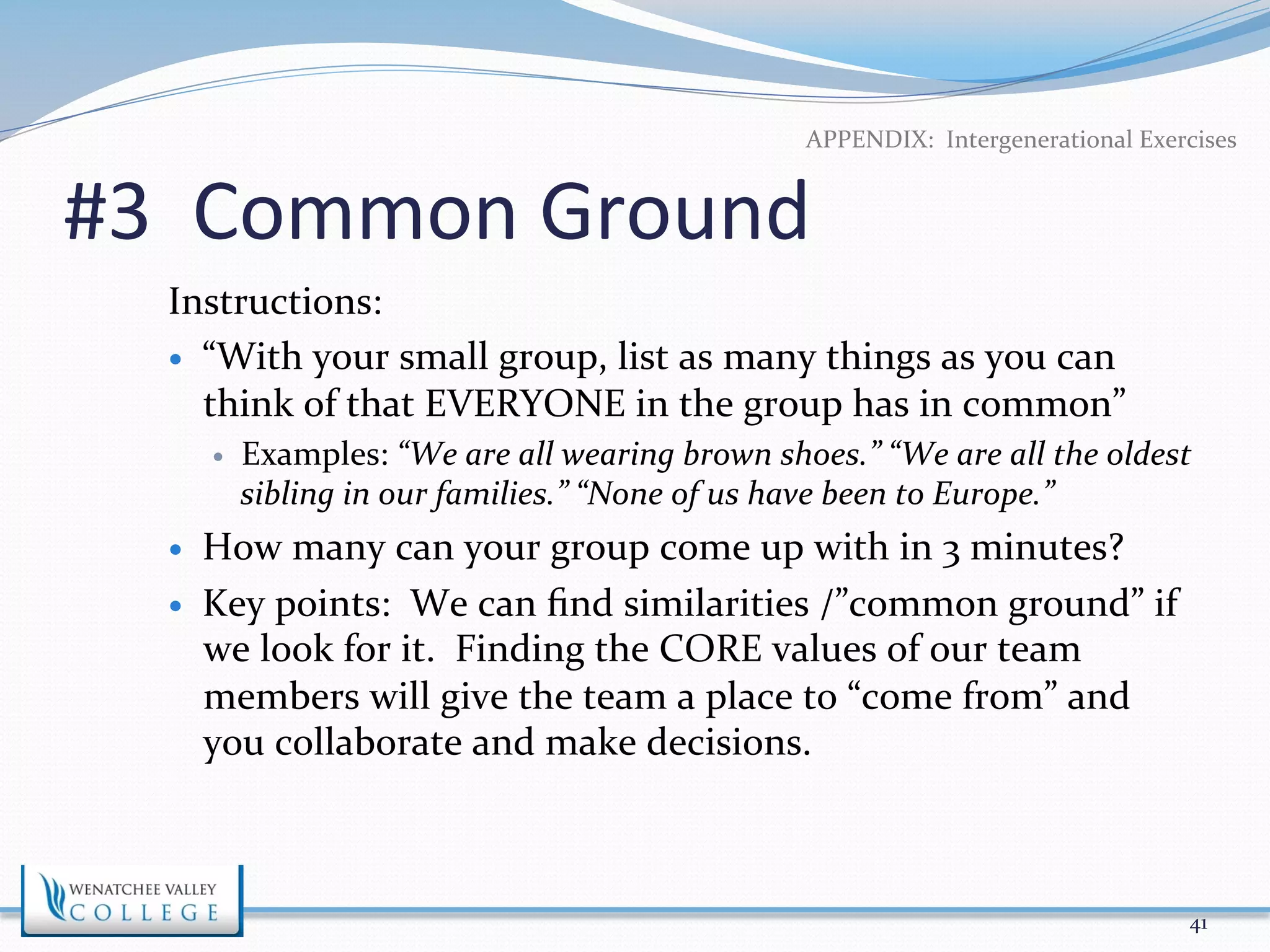APPENDIX: 
Intergenerational 
Exercises 
#3 
Common 
Ground 
Instructions: 
— “With 
your 
small 
group, 
list 
as 
many 
things 
as 
you 
can 
think 
of 
that 
EVERYONE 
in 
the 
group 
has 
in 
common” 
— Examples: 
“We 
are 
all 
wearing 
brown 
shoes.” 
“We 
are 
all 
the 
oldest 
sibling 
in 
our 
families.” 
“None 
of 
us 
have 
been 
to 
Europe.” 
— How 
many 
can 
your 
group 
come 
up 
with 
in 
3 
minutes? 
— Key 
points: 
We 
can 
find 
similarities 
/”common 
ground” 
if 
we 
look 
for 
it. 
Finding 
the 
CORE 
values 
of 
our 
team 
members 
will 
give 
the 
team 
a 
place 
to 
“come 
from” 
and 
you 
collaborate 
and 
make 
decisions. 
41 
 