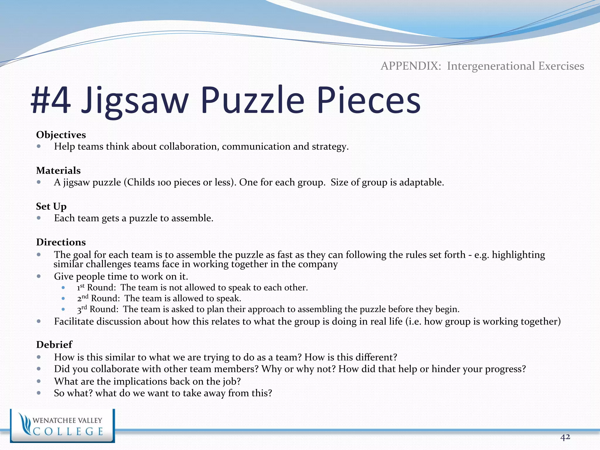 APPENDIX: 
Intergenerational 
Exercises 
#4 
Jigsaw 
Puzzle 
Pieces 
Objectives 
— Help 
teams 
think 
about 
collaboration, 
communication 
and 
strategy. 
Materials 
— A 
jigsaw 
puzzle 
(Childs 
100 
pieces 
or 
less). 
One 
for 
each 
group. 
Size 
of 
group 
is 
adaptable. 
Set 
Up 
— Each 
team 
gets 
a 
puzzle 
to 
assemble. 
Directions 
— The 
goal 
for 
each 
team 
is 
to 
assemble 
the 
puzzle 
as 
fast 
as 
they 
can 
following 
the 
rules 
set 
forth 
-­‐ 
e.g. 
highlighting 
similar 
challenges 
teams 
face 
in 
working 
together 
in 
the 
company 
— Give 
people 
time 
to 
work 
on 
it. 
— 1st 
Round: 
The 
team 
is 
not 
allowed 
to 
speak 
to 
each 
other. 
— 2nd 
Round: 
The 
team 
is 
allowed 
to 
speak. 
— 3rd 
Round: 
The 
team 
is 
asked 
to 
plan 
their 
approach 
to 
assembling 
the 
puzzle 
before 
they 
begin. 
— Facilitate 
discussion 
about 
how 
this 
relates 
to 
what 
the 
group 
is 
doing 
in 
real 
life 
(i.e. 
how 
group 
is 
working 
together) 
Debrief 
— How 
is 
this 
similar 
to 
what 
we 
are 
trying 
to 
do 
as 
a 
team? 
How 
is 
this 
different? 
— Did 
you 
collaborate 
with 
other 
team 
members? 
Why 
or 
why 
not? 
How 
did 
that 
help 
or 
hinder 
your 
progress? 
— What 
are 
the 
implications 
back 
on 
the 
job? 
— So 
what? 
what 
do 
we 
want 
to 
take 
away 
from 
this? 
42 
 