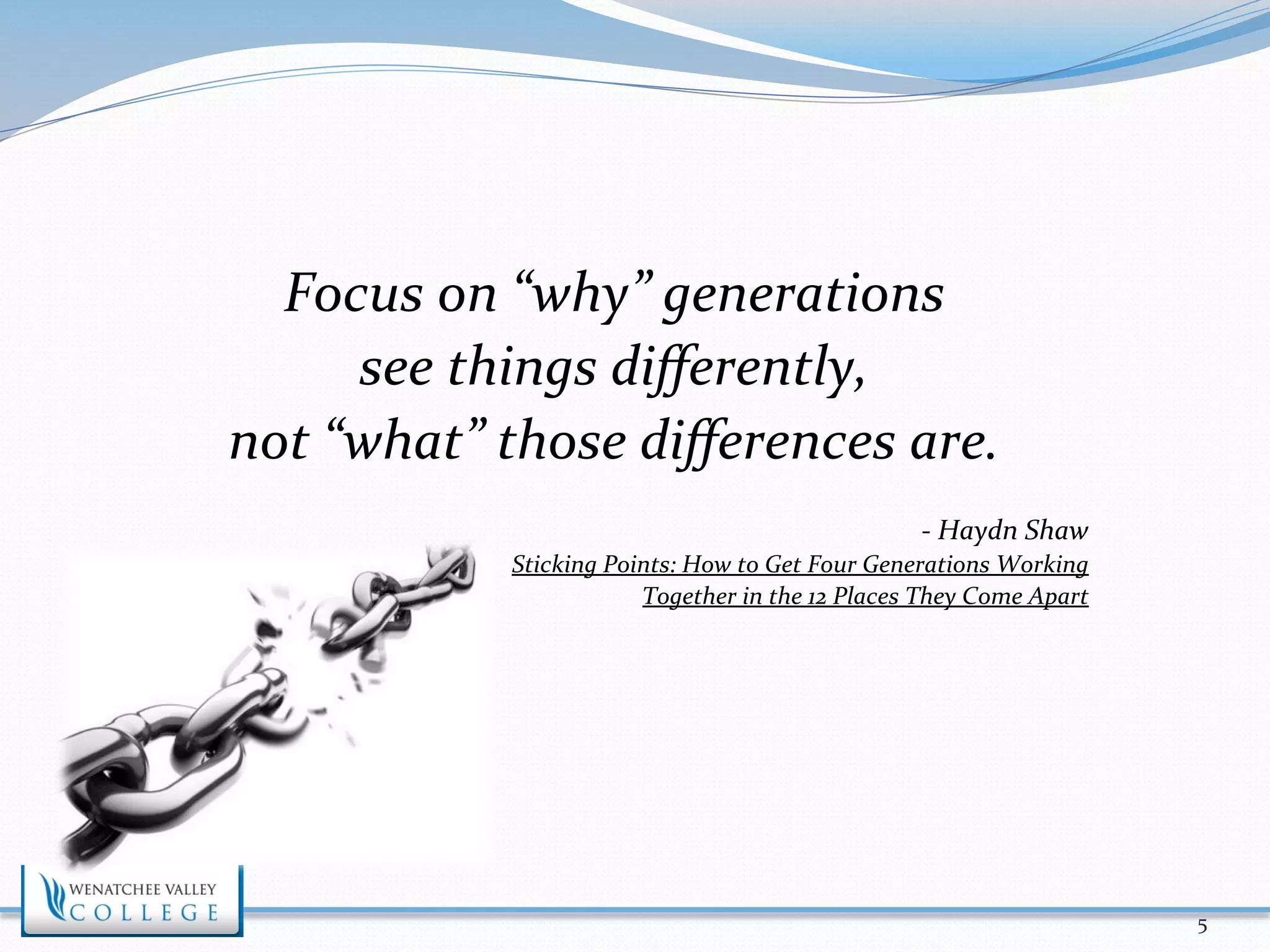 Focus 
on 
“why” 
generations 
see 
things 
differently, 
not 
“what” 
those 
differences 
are. 
-­‐ 
Haydn 
Shaw 
Sticking 
Points: 
How 
to 
Get 
Four 
Generations 
Working 
Together 
in 
the 
12 
Places 
They 
Come 
Apart 
5 
 