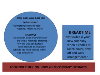 How does your boss like information: An impromptu face-to-face meeting? Memo? E-mail? MEETINGSIs it an open-door environment or are formal meetings preferred? How are they conducted?          Who needs to be involved?Who do you need to keep in the loop and when? BREAKTIMEHow flexible is your new company when it comes to lunch hours, time off and work arrangements? LOOK FOR CLUES  ON  HOW YOUR COMPANY OPERATES. 