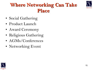 Where Networking Can Take Place Social Gathering Product Launch Award Ceremony Religious Gathering AGMs/Conferences Networking Event 