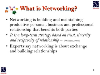 What is Networking? Networking is building and maintaining productive personal, business and professional relationship that benefits both parties It is a long-term strategy based on trust, sincerity and reciprocity of relationship –   (Williams, 2000) Experts say networking is about exchange and building relationships 