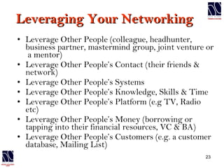 Leveraging Your Networking Leverage Other People (colleague, headhunter, business partner, mastermind group, joint venture or  a mentor)  Leverage Other People’s Contact (their friends & network)  Leverage Other People’s Systems Leverage Other People’s Knowledge, Skills & Time Leverage Other People’s Platform (e.g TV, Radio etc) Leverage Other People’s Money (borrowing or tapping into their financial resources, VC & BA) Leverage Other People’s Customers (e.g. a customer database, Mailing List) 