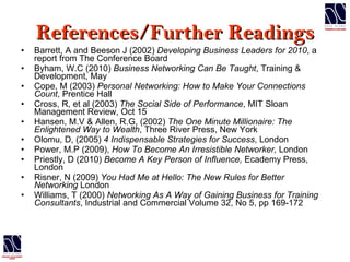 References/Further Readings Barrett, A and Beeson J (2002)  Developing Business Leaders for 2010 , a report from The Conference Board Byham, W.C (2010)  Business Networking Can Be Taught , Training & Development, May Cope, M (2003)  Personal Networking: How to Make Your Connections Count , Prentice Hall Cross, R, et al (2003)  The Social Side of Performance , MIT Sloan Management Review, Oct 15 Hansen, M.V & Allen, R.G, (2002)  The One Minute Millionaire: The Enlightened Way to Wealth , Three River Press, New York Olomu, D, (2005)  4 Indispensable Strategies for Success , London Power, M.P (2009),  How To Become An Irresistible Networker,  London Priestly, D (2010)  Become A Key Person of Influence,  Ecademy Press, London Risner, N (2009)  You Had Me at Hello: The New Rules for Better Networking  London Williams, T (2000)  Networking As A Way of Gaining Business for Training Consultants , Industrial and Commercial Volume 32, No 5, pp 169-172 