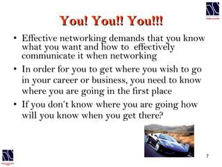 You! You!! You!!! Effective networking demands that you know what you want and how to  effectively communicate it when networking In order for you to get where you wish to go in your career or business, you need to know where you are going in the first place If you don’t know where you are going how will you know when you get there? 