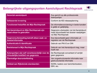 6
Belangrijkste uitgangspunten Aansluitpunt Rechtspraak
Generiek aansluitpunt Dus gericht op alle professionele
ketenpartijen
Gefaseerde invoering Conform de KEI releaseplanning
Functioneel hetzelfde als Mijn Rechtspraak De informatievoorziening in beide kanalen
is gelijk en gelijktijdig
Het Aansluitpunt en Mijn Rechtspraak zijn
naast elkaar te gebruiken
Gegevens uitwisselen via het Aansluitpunt
maar bijvoorbeeld het dossier raadplegen
via Mijn Rechtspraak
Gegevensuitwisseling betreft alleen zaak- en
dossierinformatie
Dus bijvoorbeeld geen informatie uit
registers van de Rechtspraak
Authenticatie & identificatie Gebruik van PKI-O en OIN
Basiskanaal is Mijn Rechtspraak Gebruik van het Aansluitpunt mag, maar
hoeft niet
Ketenpartijen zijn zelf verantwoordelijk voor de
inhoudelijke kwaliteit van gegevens
De Rechtspraak converteert of verrijkt
geen gegevens
Planmatige doorontwikkeling Van ongestructureerde informatie naar
gestructureerde informatie
Voldoet aan Rijksbrede standaarden NORA, kaders voor berichtenboeken,
EBV, etc.
 