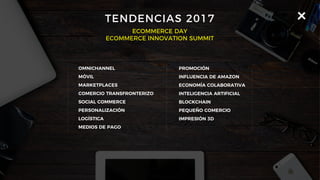 TENDENCIAS 2017
OMNICHANNEL
MÓVIL
MARKETPLACES
COMERCIO TRANSFRONTERIZO
SOCIAL COMMERCE
PERSONALIZACIÓN
LOGÍSTICA
MEDIOS DE PAGO
ECOMMERCE DAY
ECOMMERCE INNOVATION SUMMIT
PROMOCIÓN
INFLUENCIA DE AMAZON
ECONOMÍA COLABORATIVA
INTELIGENCIA ARTIFICIAL
BLOCKCHAIN
PEQUEÑO COMERCIO
IMPRESIÓN 3D
 