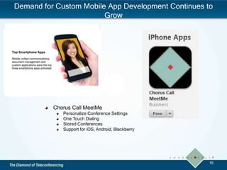Demand for Custom Mobile App Development Continues to
Grow
Chorus Call MeetMe
Personalize Conference Settings
One Touch Dialing
Stored Conferences
Support for iOS, Android, Blackberry
16
 