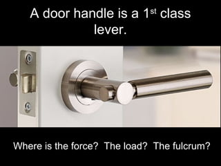 A door handle is a 1st
class
lever.
Where is the force? The load? The fulcrum?
 