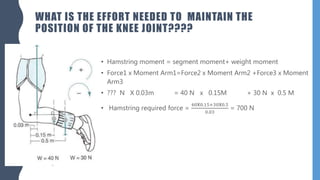 WHAT IS THE EFFORT NEEDED TO MAINTAIN THE
POSITION OF THE KNEE JOINT????
• Hamstring moment = segment moment+ weight moment
• Force1 x Moment Arm1=Force2 x Moment Arm2 +Force3 x Moment
Arm3
• ??? N X 0.03m = 40 N x 0.15M + 30 N x 0.5 M
• Hamstring required force =
40x0.15+30x0.5
0.03
= 700 N
 
