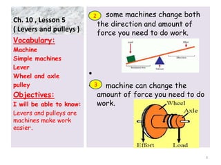 Ch. 10 , Lesson 5
( Levers and pulleys )
• some machines change both
the direction and amount of
force you need to do work.
•
• machine can change the
amount of force you need to do
work.
Vocabulary:
Machine
Simple machines
Lever
Wheel and axle
pulley
Objectives:
I will be able to know:
Levers and pulleys are
machines make work
easier.
3
2
3
 