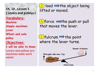 Ch. 10 , Lesson 5
( Levers and pulleys )
load the object being
lifted or moved.
force the push or pull
that moves the lever.
fulcrum the point
where the lever turns.
Vocabulary:
Machine
Simple machines
Lever
Wheel and axle
pulley
Objectives:
I will be able to know:
Levers and pulleys are
machines make work
easier.
7
A
B
C
 