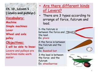 Ch. 10 , Lesson 5
( Levers and pulleys )
• Are there different kinds
of Levers?
• There are 3 types according to
arrange of force, fulcrum and
load.
Vocabulary:
Machine
Simple machines
Lever
Wheel and axle
pulley
Objectives:
I will be able to know:
Levers and pulleys are
machines make work
easier.
8
1-the fulcrum is
between the force and
the load .
Ex. pliers
2-the force is between
the fulcrum and the
load .
Ex. Baseball bat
3-the load is between
the force and the
fulcrum
Ex. wheelbarrow
 