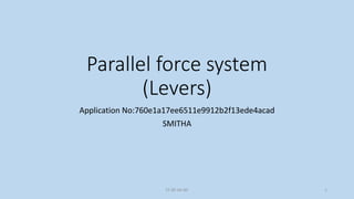 Parallel force system
(Levers)
Application No:760e1a17ee6511e9912b2f13ede4acad
SMITHA
CC BY-SA-NC 1
 