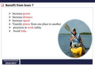  Benefit from lever ?
Mohamed M.Elsaied
2016/2017
 Increase power
 Increase distance
 Increase speed
 Transfer power from one place to another
 precision in work safety
 Avoid risks
 