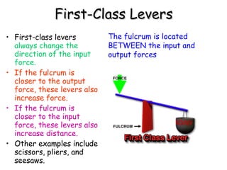 First-Class Levers First-class levers  always change the direction of the input force. If the fulcrum is closer to the output force, these levers also increase force.   If the fulcrum is closer to the input force, these levers also increase distance.   Other examples include scissors, pliers, and seesaws. The fulcrum is located BETWEEN the input and output forces 