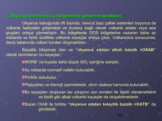 19
2. Okyanus levhalarının iç bölgelerinde gelişen magmatizma2. Okyanus levhalarının iç bölgelerinde gelişen magmatizma
Okyanus kabuğunda rift dışında, mevcut bazı çatlak sistemleri boyunca da
volkanik faaliyetler grlişmekte ve bunlara bağlı olarak volkanik adalar veya ada
grupları ortaya çıkmaktadır. Bu bölgelerde OOS bölgelerine nazaran daha az
miktarda ve farklı özellikte volkanik kayaçlar ortaya çıkar, Volkanizma sonucunda,
deniz tabanında volkan konileri oluşmaktadır.
Bazaltik bileşimde olan ve “okyanus adaları alkali bazaltı =OAAB”“okyanus adaları alkali bazaltı =OAAB”
olarak tanımlanan bu kayaçlar;
MORB’ na kıyasla daha düşük SiO2 içeriğine sahiptir,
Az miktarda normatif nefelin bulunabilir,
Porfirik dokuludur,
Plajiyoklaz ve titanojit içermektedir, olivin sadece hamurda bulunabilir,
Bu kayaçları oluşturan lav çıkışının son evreleri ile ilişkili olaraknefelinit
ve lösitit gibi alkali volkanik kayaçlar da oluşabilmektedir.
Bazen OIAB ile birlikte “okyanus adaları toleyitik bazaltı =OATB”“okyanus adaları toleyitik bazaltı =OATB” da
görülebilir.
 