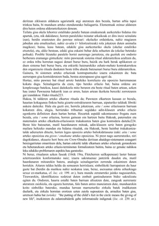 deritzan zikloaren aldakera ugarietatik argi ateratzen den bezala, hartan arbia tapoi
trinkoa baita, bi munduen arteko etendurarako baliagarria. Elementuak zeinuz aldatzen
dira haien ordena alderantzikatzen denean.
Teilatu gisa okela lehorrez estalitako pendiz batean emakumeak aurkezteko hidatsa rito
apartak, (eta, nik dakidanez, horren paraleloko txinatar arkaikoak ez dira inoiz seinalatu
izan), berdin erantzuten dio pawnee mitoari: okelazko ordainketa, nahiz magiaren
jabedun aita ernaltzaileei, nahiz ez-aita (= hilortzaitzeak) rola jokatzen duten animalia
magikoei; baina, kasu batean, edukile gisa aurkezturiko okela (okelaz estaliriko
etxetola), eta, aldiz bestean, eduki gisa eskaini behar dela zehazten da (okelaz betetako
poltsak). Posible litzateke paralelo horiei aurrerago jarraitzea, eta guztiek ere ondorio
berberara eramango gintuzkete: mito pawneeak sistema ritual alderantzikoa azaltzen du,
ez ordea tribu horretan nagusi denari buruz buru, baizik eta hark berak aplikatzen ez
duen sistema bati buruz buru, eta eskierki haienarekiko zehatz-mehatz kontrakarrekoa
den organizazio rituala daukaten beste tribu ahaide batzuenari buruz buru alderantzikoa.
Gainera, bi sistemen arteko erlazioak kontrapuntuzko izaera eskaintzen du: bata
aurrerapen gisa kontsideratzen bada, bestea atzerapauso gisa ageri da.
Hortaz, mito pawnee bat ritual arrotz batekiko korrelazio eta oposizio harremanean
kokatu dugu. Seinalagarria da ezen, tipo bereko erlazio bat, baina ordenu are
konplexuago batekoa, kausi daitekeela mito beraren eta beste ritual baten artean, azken
hau izatez Pawneena bakarrik izan ez arren, haien artean ikerketa bereziki zorrotzaren
gai izandakoa: Hako rituala223.
Hakoa, bi talderen arteko elkartze rituala da; Pawneen elkarteen kasuan ez bezala,
hauetan kokagunea finkoa baita gizarte-estrukturaren barruan, aipaturiko taldeak libreki
aukera daitezke. Hala eta guzti ere, horrela jokatzean, aita / seme erlazioaren barruan
kokatzen dira, alegia, herrietako tribuetan segidako adin-klaseen arteko erlazio
egonkorra definitzen duen hartan bertan. Hocartek aspaldi sakontasunez frogatu zuen
bezala, aita / seme erlazioa, horren gainean oin hartzen baitu Hakoak, paternalen eta
maternalen arteko elkarketa-erlazioaren trukakuntza baten gisa kontsidera daiteke224.
Beste hitz batzuetan, mutil haurdunaren mitoak, adin-klaseen serie baten goragoko
mailara heltzeko mandan eta hidatsa ritualak, eta Hakoak, beste hainbat trukakuntza-
talde adierazten dituzte, horien legea oposizio arteko baliokidetasuna izaki: aita / seme
arteko oposizioa eta gizon / emakume arteko oposizioa. Ni prest nago aurreratzeko, niri
dagokidanez, ekuazio hori bera ere Crow-Omaha deritzan ahaidego-sistemaren ezaugarri
bereizgarrietan oinarritzen dela, hartan eskierki talde elkartuen arteko erlazioak goranzkoen
eta beheranzkoen arteko erlazio-terminotan formalizatzen baitira, baina ez genuke nahikoa
leku edukiko problemaren aspektu hau garatzeko.
Ni beraz, ritualaren azken faseak (16tik 19ra, Fletcherren sailkapenean) laster batean
aztertzearekin konformatuko naiz; izaera sakratuenaz jantzirik dauden eta, mutil
haurdunaren mitoarekin batera, analogia seinalagarrien zerrenda eskaintzen duten
horiekin. Aitaren taldea heldu da semearen herrixkara; sinbolikoki harrapatzen du haur
gazte bat (berdin da mutikoa nahiz neskatoa izan, beraz, asexuatua edota zehazkiago
sexuz ez-markatua, cf. loc. cit. 199. or.), hura mundu zerutarreko jainko nagusiarekin,
Tirawarekin, identifikatzea xedetzat duten zenbait gantzuduraren bidez sakralizatu
egiten du. Ondoren, haurra estalki baten barruan altxatzen dute, zangoak aurrerantz
ateratzen zaizkiola, eta egoera horretan, falo baten antzo maneiatzen dute, munduarekin
koito sinboliko baterako, mundua lurrean marrazturiko zirkulu batek irudikatzen
duelarik, eta zirkulu horretan erortzen uzten zaiola suposatzen da, arraultze baten gisa,
urretxori habia bat (oriole): "the putting of the child’s feet in the circle means the giving of
new life", iruzkintzen du zalantzabiderik gabe informatzaile indigenak (loc. cit. 239. or.).
 