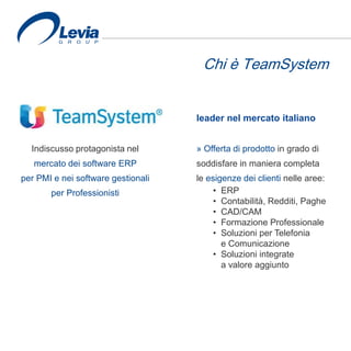 Chi è TeamSystem
leader nel mercato italiano
Indiscusso protagonista nel
mercato dei software ERP
per PMI e nei software gestionali
per Professionisti
» Offerta di prodotto in grado di
soddisfare in maniera completa
le esigenze dei clienti nelle aree:
• ERP
• Contabilità, Redditi, Paghe
• CAD/CAM
• Formazione Professionale
• Soluzioni per Telefonia
e Comunicazione
• Soluzioni integrate
a valore aggiunto
 