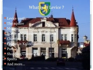 What is in Levice ?

Levice castle
The square
Museum of Tekov
Statue of General M. R. Štefánik
Churches
Chapel in Kalinčiakovo
Park
Shopping Center City Park
Sports
And more...
 