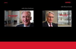 Weekly




    Executive Communications                                                                              U.S. Fiscal Policy with Micah Green
                                                              with Allan Grafman




    In this LEVICK Daily video interview, we discuss executive communications with Allan Grafman, CEO     In this LEVICK Daily video interview, we discuss U.S. fiscal policy and its impact on financial
    of All Media Ventures. As social media continue to wrestle message control from executives and the    services providers with Micah Green, a partner at Patton Boggs. With the fiscal cliff, tax reform,
    companies they run, C-Suiters need to focus more of their time and energy on generating content—not   and Dodd-Frank implementation converging to create widespread uncertainty, important
    just advertising—that influences stakeholder conversations across myriad digital channels.            questions linger about how best to structure credit markets and large financial organizations.




4
 