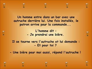 - Une bière pour moi aussi, répond l'autruche ! Un homme entre dans un bar avec une autruche derrière lui. Une fois installés, le patron arrive pour la commande...  L'homme dit : - Je prendrai une bière.  Il se tourne vers l'autruche et lui demande : - Et pour toi ?  