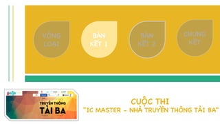 CUỘC THI
“IC MASTER - NHÀ TRUYỀN THÔNG TÀI BA"
BÁN
KẾT 2
CHUNG
KẾT
VÒNG
LOẠI
BÁN
KẾT 1
 