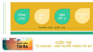 CUỘC THI
“IC MASTER - NHÀ TRUYỀN THÔNG TÀI BA"
VÒNG
LOẠI
BÁN
KẾT 1
BÁN
KẾT 2
CHUNG
KẾT
THƯƠNG HIỆU QUỐC GIA
 