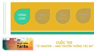 CUỘC THI
“IC MASTER - NHÀ TRUYỀN THÔNG TÀI BA"
BÁN
KẾT 1
BÁN
KẾT 2
CHUNG
KẾT
VÒNG
LOẠI
 